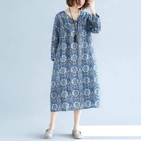 New Blue Print Long Linen Dress Clothing V Neck Baggy Dresses Traveling Clothing Long Sleeve Pockets Dresses