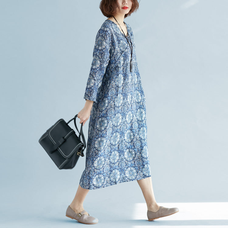 New Blue Print Long Linen Dress Clothing V Neck Baggy Dresses Traveling Clothing Long Sleeve Pockets Dresses