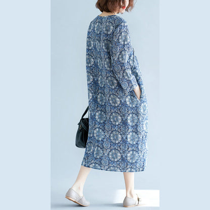 New Blue Print Long Linen Dress Clothing V Neck Baggy Dresses Traveling Clothing Long Sleeve Pockets Dresses