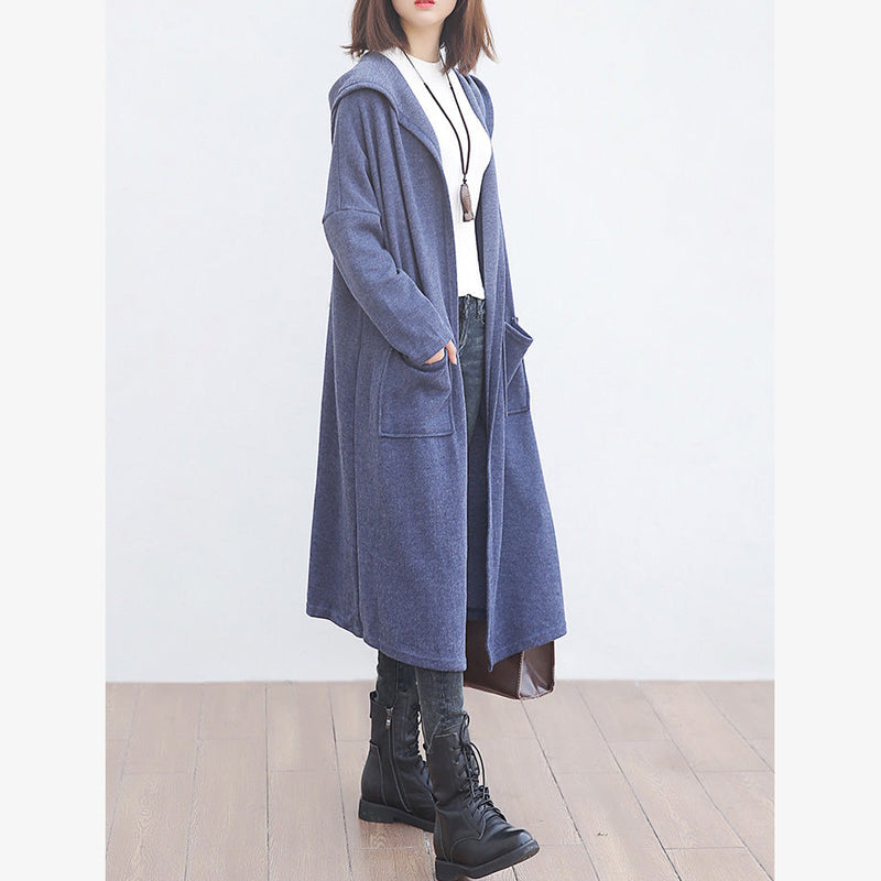 New Blue Wool Overcoat Clothing Big Pockets Trench Coat Hooded Outwear