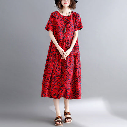 New Burgundy Print Cotton Linen Dresses Short Sleeve Maxi Dress O Neck Caftans