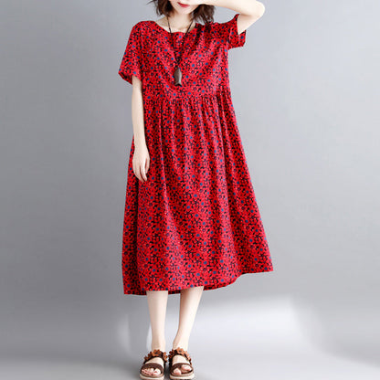 New Burgundy Print Cotton Linen Dresses Short Sleeve Maxi Dress O Neck Caftans