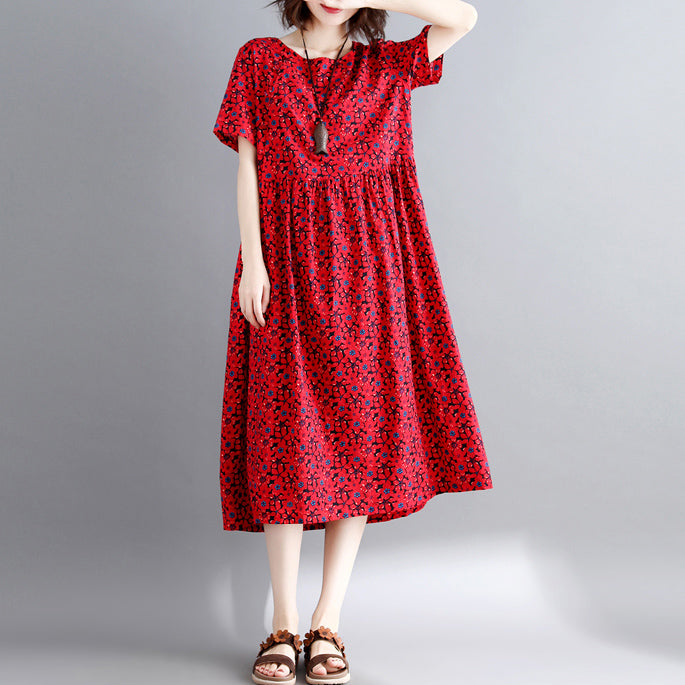 New Burgundy Print Cotton Linen Dresses Short Sleeve Maxi Dress O Neck Caftans