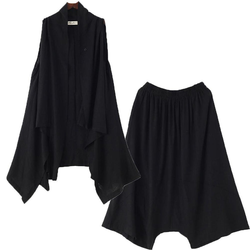New Black Vest With Cotton Wide-leg Pants Two-piece Suit
