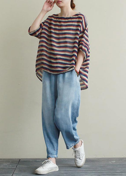 New Suit Female Loose Large Size Red and Blue Striped T-shirt Tencel Blue Jeans Two-piece Suit