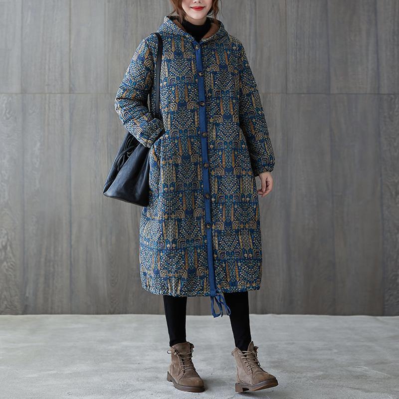 New Winter Jacket Winter Outwear Blue Print Hooded Drawstring Coat