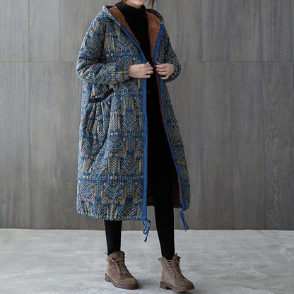 New Winter Jacket Winter Outwear Blue Print Hooded Drawstring Coat