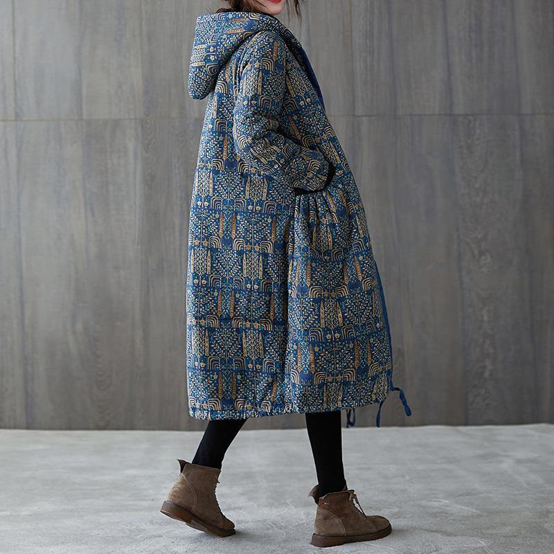 New Winter Jacket Winter Outwear Blue Print Hooded Drawstring Coat