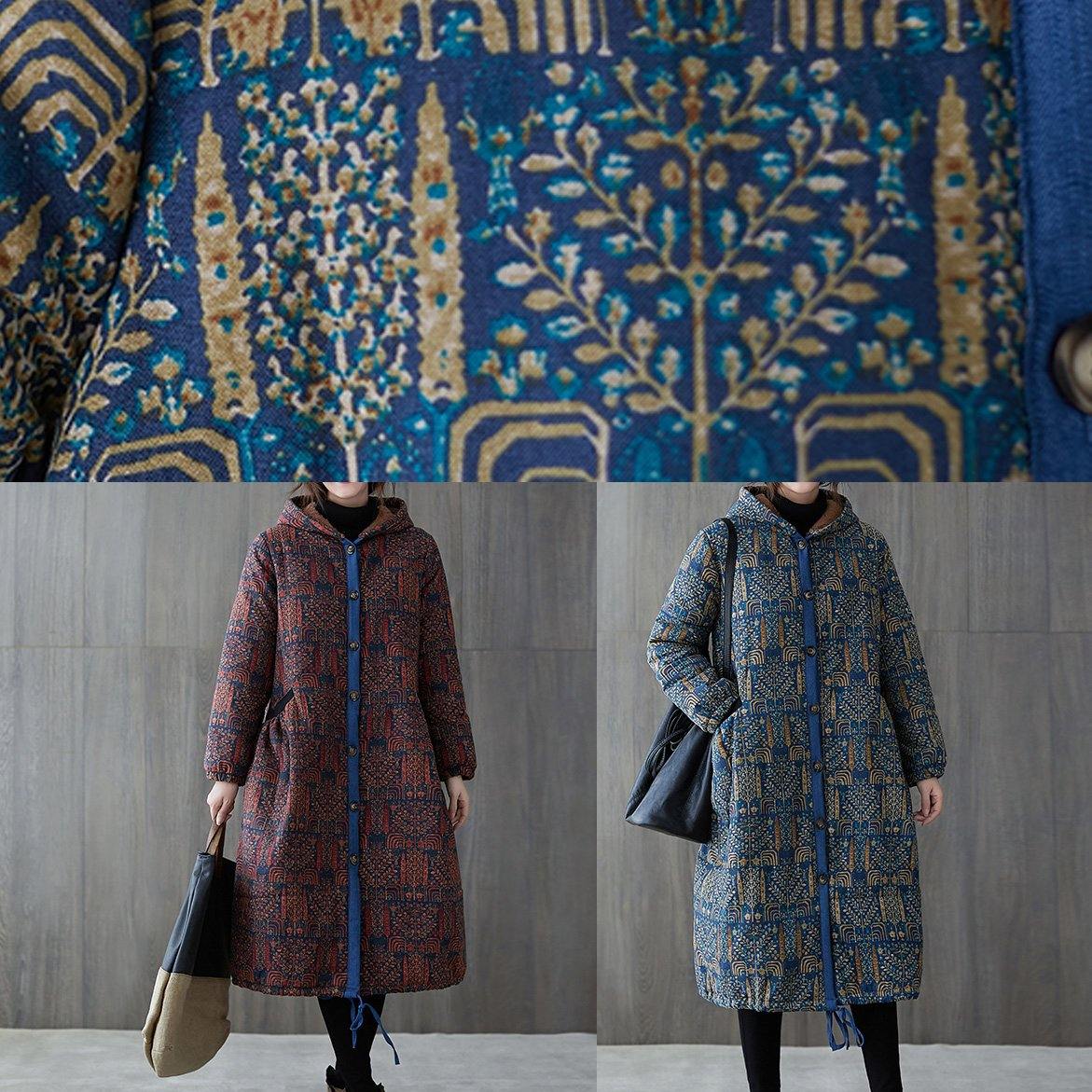 New Winter Jacket Winter Outwear Blue Print Hooded Drawstring Coat