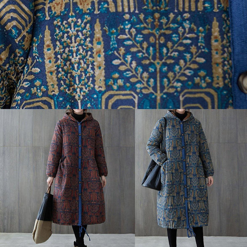 New Winter Jacket Winter Outwear Blue Print Hooded Drawstring Coat