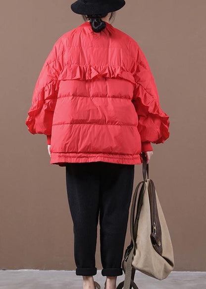 New Parka Jackets Red Stand Collar Ruffles Warm Winter Coat