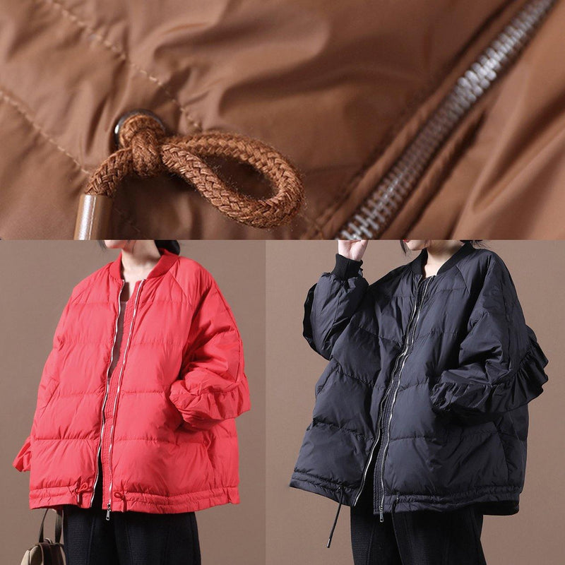 New Parka Jackets Red Stand Collar Ruffles Warm Winter Coat