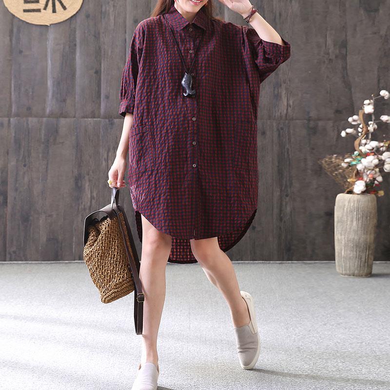 New Cotton Blended Blouse Loose Plaid Single Breasted Red Shirt