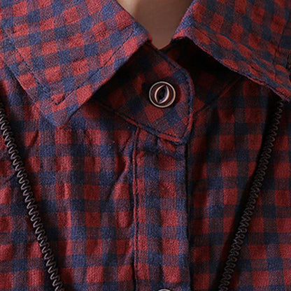New Cotton Blended Blouse Loose Plaid Single Breasted Red Shirt