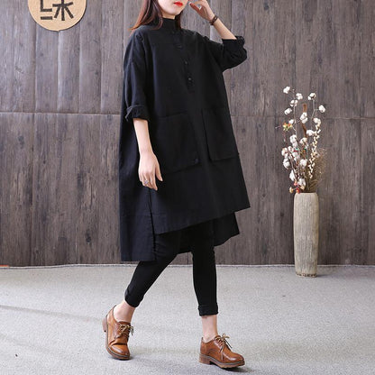 New Cotton Linen Blouse Loose Fitting Loose Irregular Stand Collar Long Sleeve Black Shirt