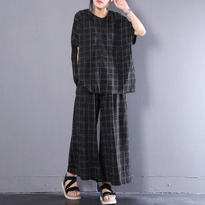 New Cotton Tops Short Sleeve Plaid Cotton Summer Suits