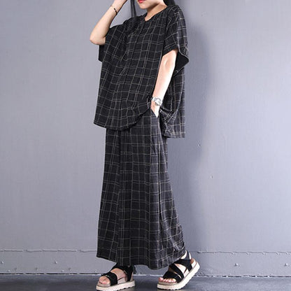 New Cotton Tops Short Sleeve Plaid Cotton Summer Suits
