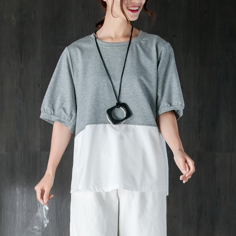 New Cotton Tops Short Sleeve Splicing Gray and White Cotton Tops