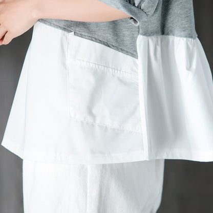 New Cotton Tops Short Sleeve Splicing Gray and White Cotton Tops