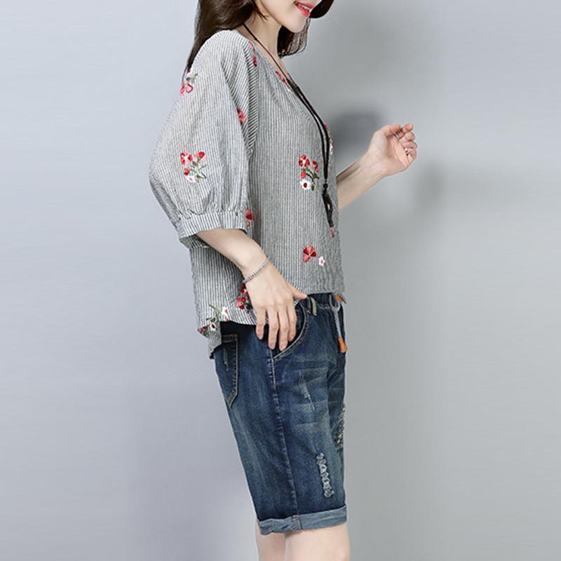 New Cotton Tops Clothing Stripe Printing Short Sleeve Pullover Blouse