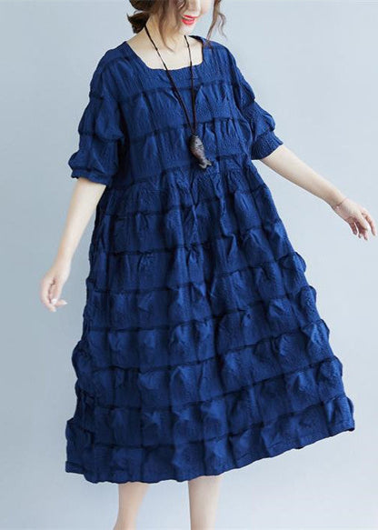 New Dark Blue Cotton Blended Clothing Square Collar Pockets Half Sleeve Large Hem Cotton Blended Dresses