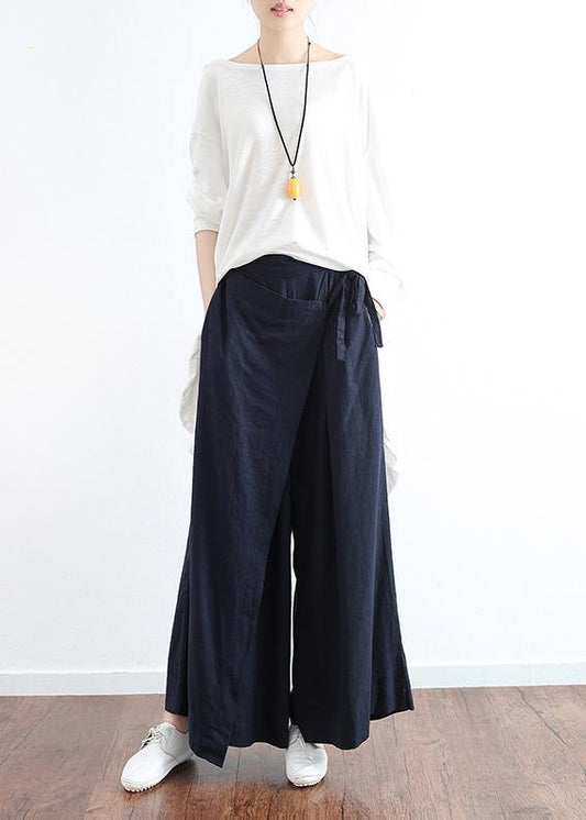 New Dark Blue Loose Tie Irregular Wide Leg Cotton and Linen Pants