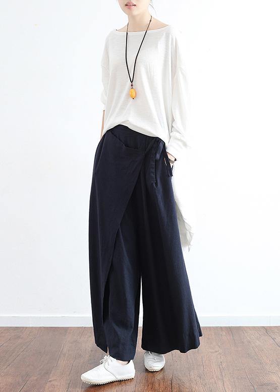 New Dark Blue Loose Tie Irregular Wide Leg Cotton and Linen Pants