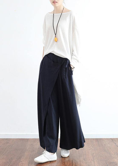 New Dark Blue Loose Tie Irregular Wide Leg Cotton and Linen Pants