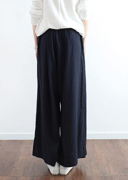 New Dark Blue Loose Tie Irregular Wide Leg Cotton and Linen Pants