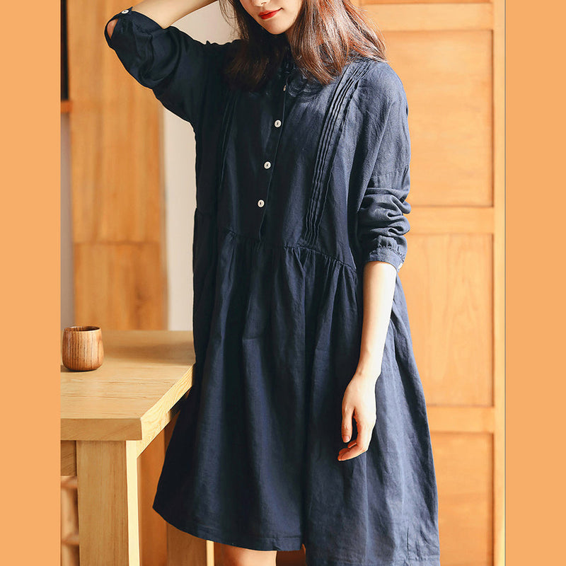 New Dark Blue Linen Knee Dress Traveling Dress Long Sleeve Baggy Dresses Stand Cinched Linen Dresses