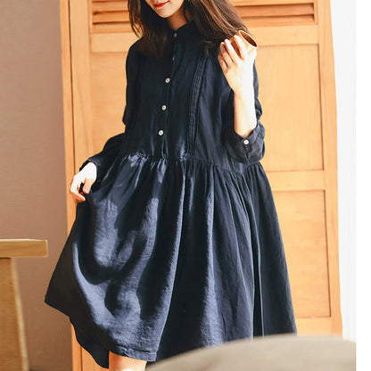 New Dark Blue Linen Knee Dress Traveling Dress Long Sleeve Baggy Dresses Stand Cinched Linen Dresses