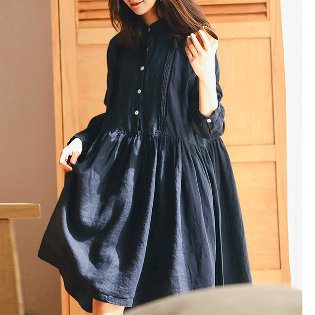 New Dark Blue Linen Knee Dress Traveling Dress Long Sleeve Baggy Dresses Stand Cinched Linen Dresses