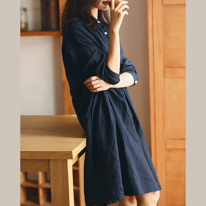 New Dark Blue Linen Knee Dress Traveling Dress Long Sleeve Baggy Dresses Stand Cinched Linen Dresses