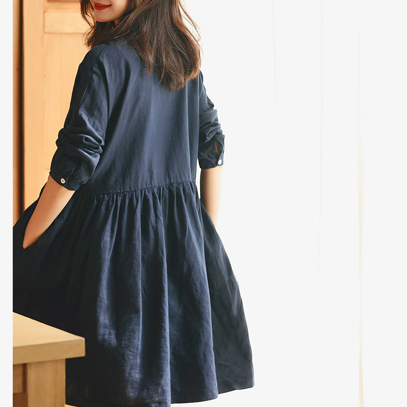 New Dark Blue Linen Knee Dress Traveling Dress Long Sleeve Baggy Dresses Stand Cinched Linen Dresses