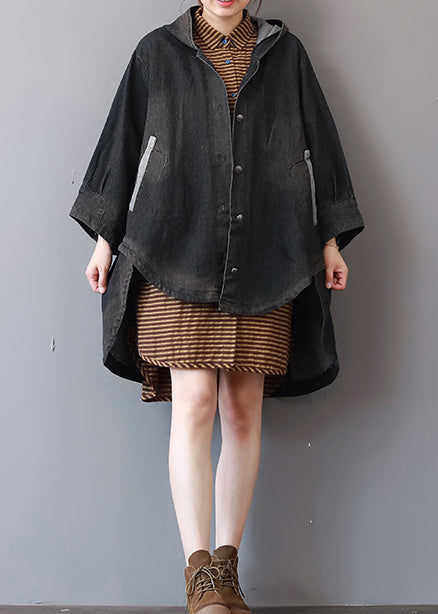 New Dark Gray Denim Coats Hooded Trench Coat Fine Low High Design Coat