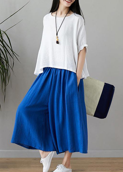New Cotton and Linen Loose Large Size Was Thin Color Shirt + Wide Leg Pants Two-piece