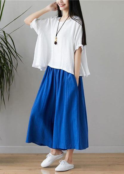 New Cotton and Linen Loose Large Size Was Thin Color Shirt + Wide Leg Pants Two-piece