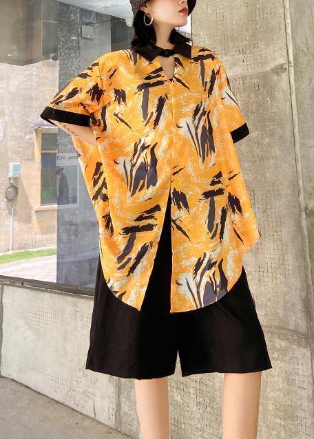 New Female Yellow Printed Shirt + Five-point Pants Two-piece Suit