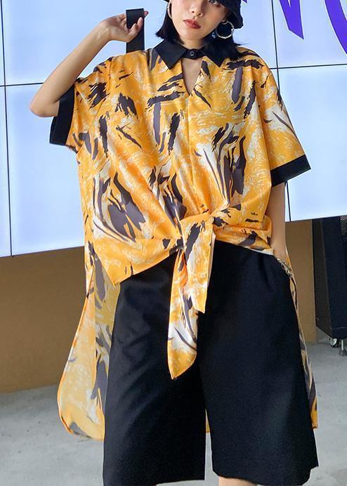 New Female Yellow Printed Shirt + Five-point Pants Two-piece Suit