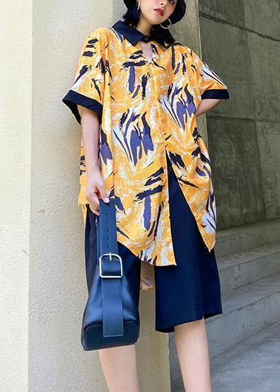 New Female Yellow Printed Shirt + Five-point Pants Two-piece Suit