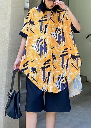 New Female Yellow Printed Shirt + Five-point Pants Two-piece Suit