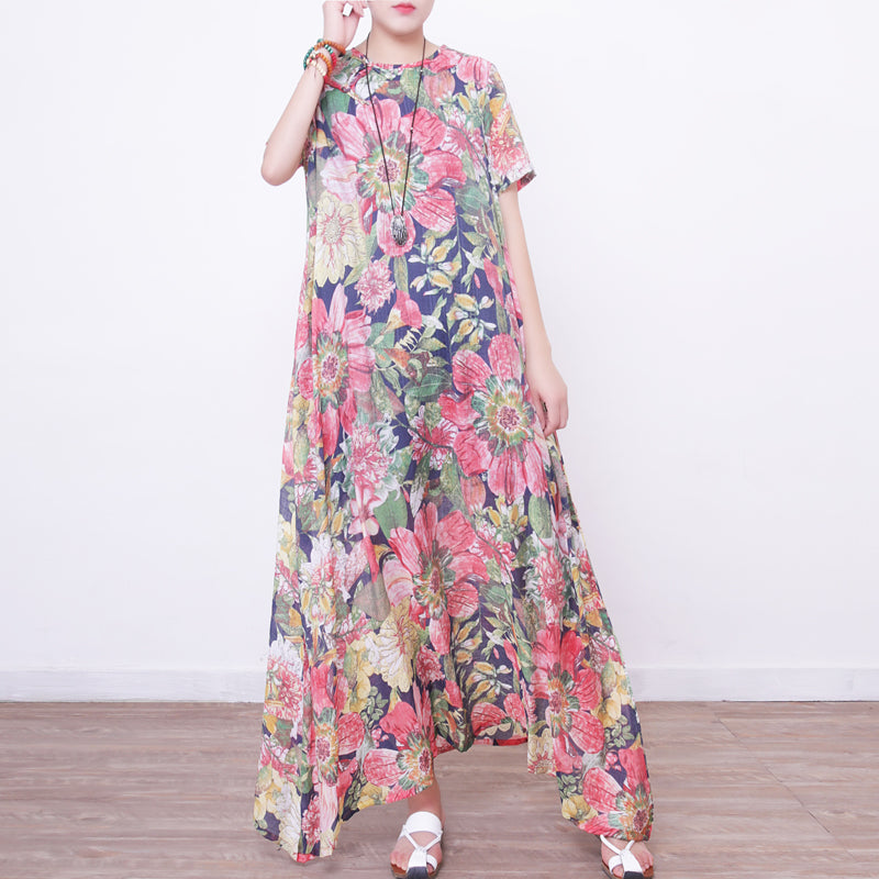 New Long Dresses Loose Fitting Short Sleeve Cotton Clothing Dresses Chinese Button Dresses