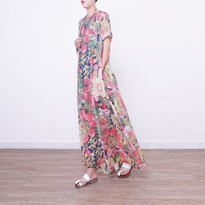 New Long Dresses Loose Fitting Short Sleeve Cotton Clothing Dresses Chinese Button Dresses
