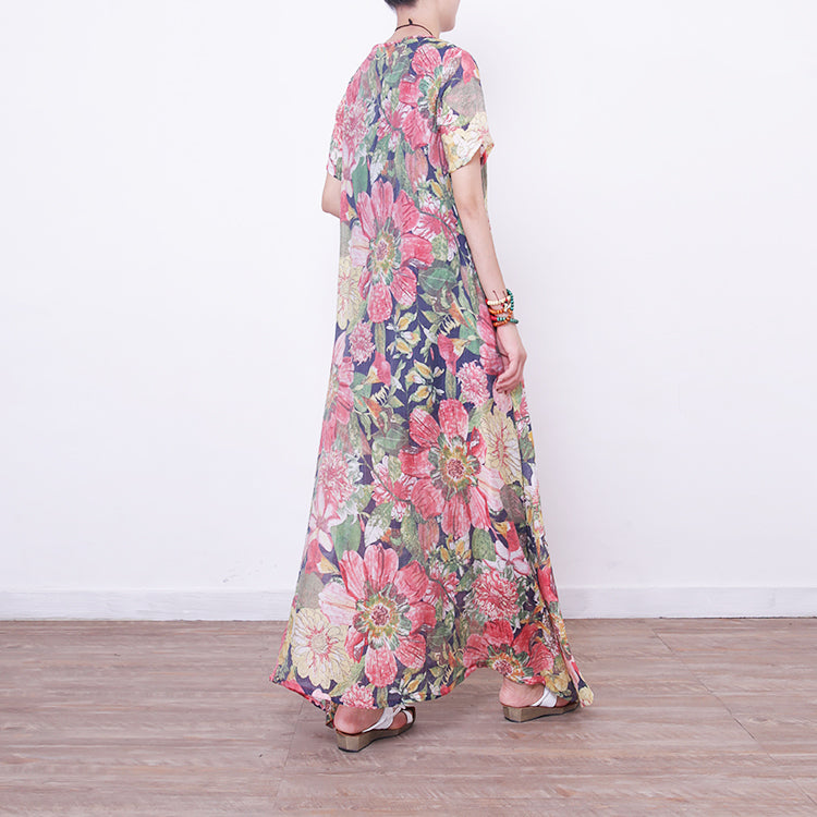 New Long Dresses Loose Fitting Short Sleeve Cotton Clothing Dresses Chinese Button Dresses