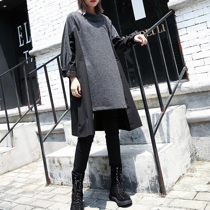New Gray Fall Dress Loose Fitting Traveling Clothing Asymmetric O Neck Patchwork Dresses