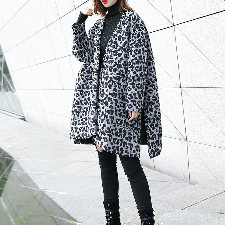 New Gray Leopard Coats V Neck Pockets Winter Coat Side Open Coat