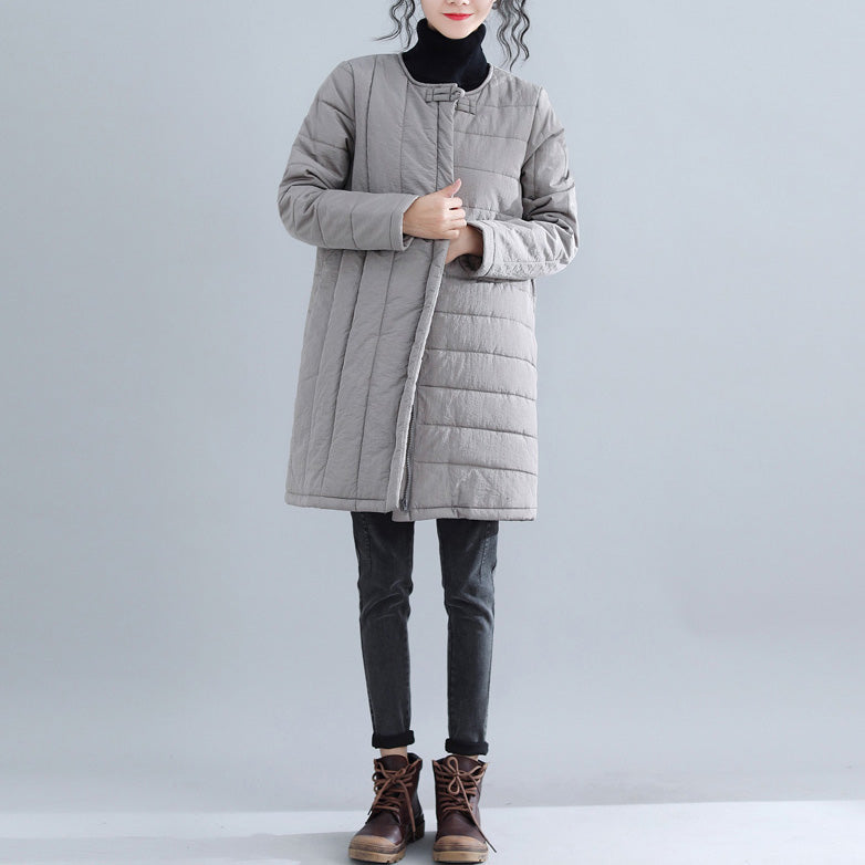 New Gray Parkas Loose Fitting O Neck Snow Jackets Chinese Button Winter Outwear