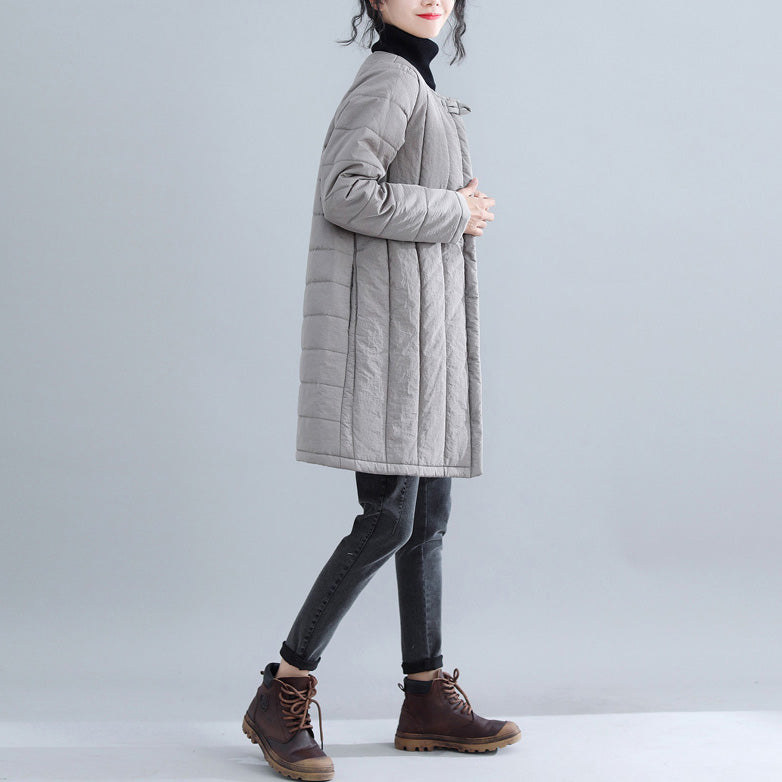New Gray Parkas Loose Fitting O Neck Snow Jackets Chinese Button Winter Outwear