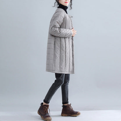 New Gray Parkas Loose Fitting O Neck Snow Jackets Chinese Button Winter Outwear