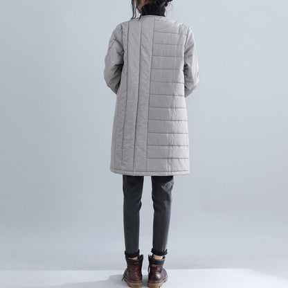 New Gray Parkas Loose Fitting O Neck Snow Jackets Chinese Button Winter Outwear